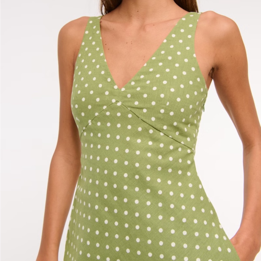 Polka Dot V Neck Linen Blend Mini Dress - Picture 3 of 7